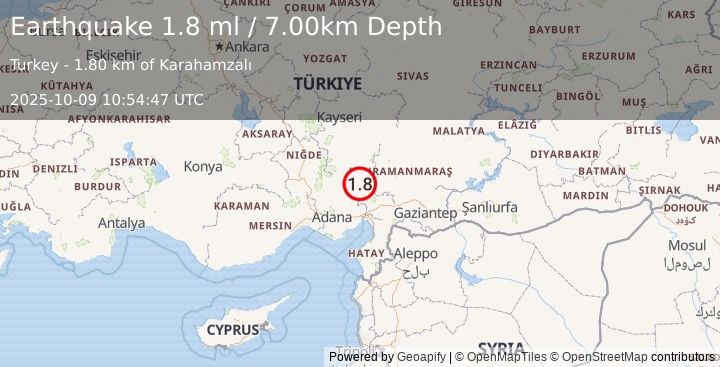 Earthquake CENTRAL TURKEY (1.8 ml) (2025-10-09 10:54:47 UTC)