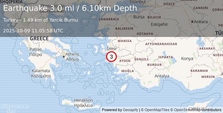 Earthquake WESTERN TURKEY (3.0 ml) (2025-10-09 11:05:58 UTC)