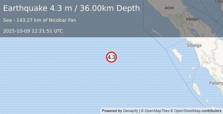 Earthquake OFF W COAST OF NORTHERN SUMATRA (4.3 m) (2025-10-09 12:21:51 UTC)