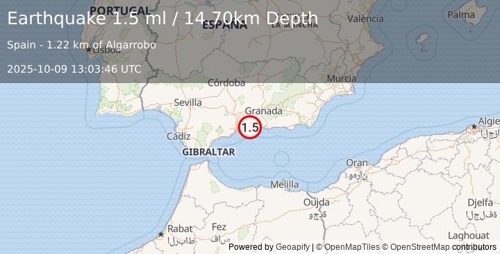 Earthquake STRAIT OF GIBRALTAR (1.5 ml) (2025-10-09 13:03:46 UTC)