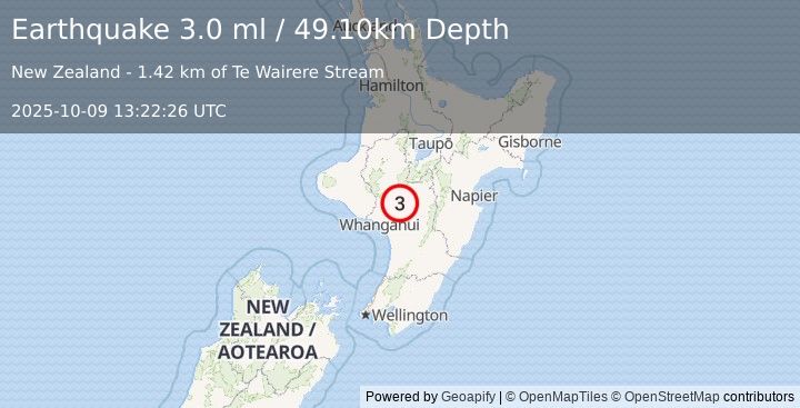 Earthquake NORTH ISLAND OF NEW ZEALAND (3.0 ml) (2025-10-09 13:22:26 UTC)