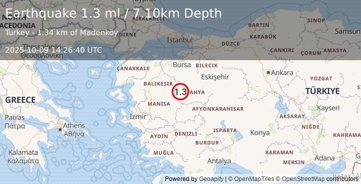 Earthquake WESTERN TURKEY (1.3 ml) (2025-10-09 14:26:40 UTC)