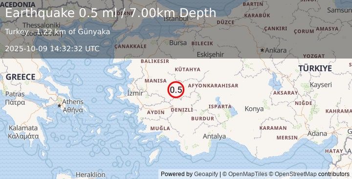 Earthquake WESTERN TURKEY (0.5 ml) (2025-10-09 14:32:32 UTC)