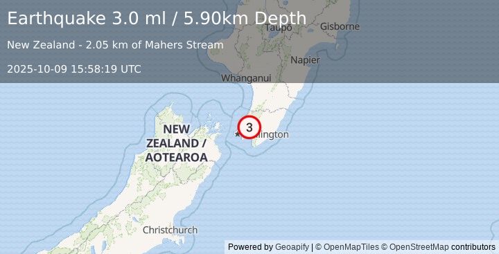 Earthquake NORTH ISLAND OF NEW ZEALAND (3.0 ml) (2025-10-09 15:58:19 UTC)
