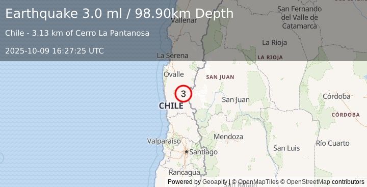 Earthquake COQUIMBO, CHILE (3.0 ml) (2025-10-09 16:27:25 UTC)