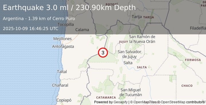 Earthquake SALTA, ARGENTINA (3.0 ml) (2025-10-09 16:46:25 UTC)