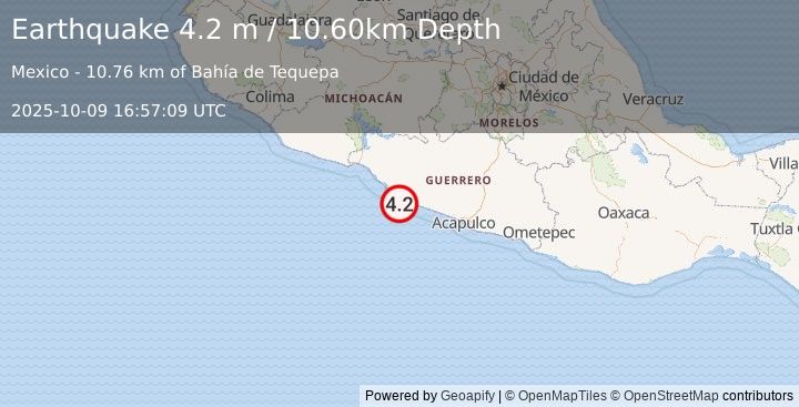 Earthquake OFFSHORE GUERRERO, MEXICO (4.2 m) (2025-10-09 16:57:09 UTC)