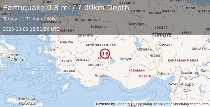 Earthquake WESTERN TURKEY (0.8 ml) (2025-10-09 18:51:56 UTC)