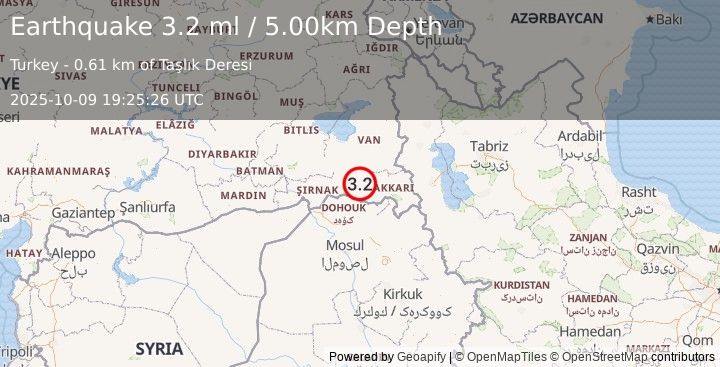 Earthquake TURKEY-IRAQ BORDER REGION (3.2 ml) (2025-10-09 19:25:26 UTC)