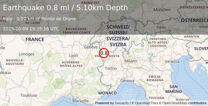 Earthquake NORTHERN ITALY (0.8 ml) (2025-10-09 19:35:16 UTC)