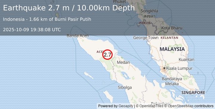 Earthquake NORTHERN SUMATRA, INDONESIA (2.7 m) (2025-10-09 19:38:08 UTC)