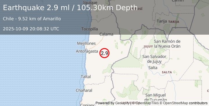 Earthquake ANTOFAGASTA, CHILE (2.9 ml) (2025-10-09 20:08:32 UTC)