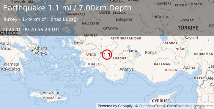 Earthquake WESTERN TURKEY (1.1 ml) (2025-10-09 20:56:23 UTC)