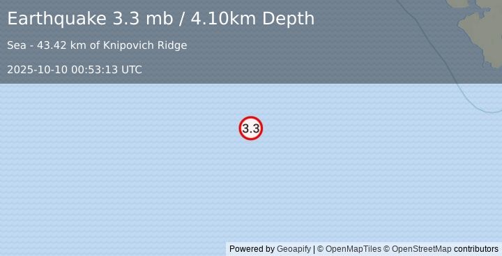 Earthquake SVALBARD REGION (3.3 mb) (2025-10-10 00:53:13 UTC)