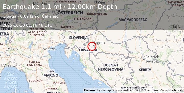 Earthquake CROATIA (1.1 ml) (2025-10-10 01:16:46 UTC)