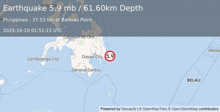 Earthquake MINDANAO, PHILIPPINES (5.9 mb) (2025-10-10 01:51:15 UTC)