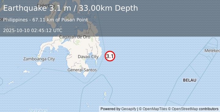 Earthquake PHILIPPINE ISLANDS REGION (3.1 m) (2025-10-10 02:45:12 UTC)