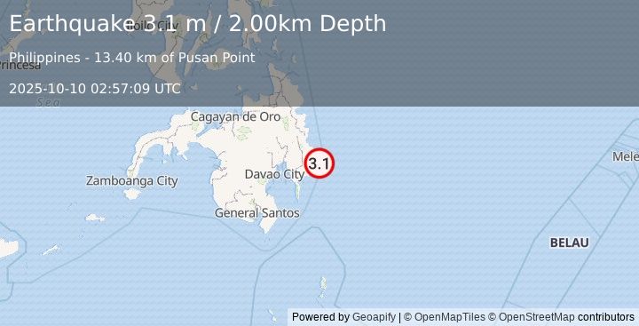 Earthquake MINDANAO, PHILIPPINES (3.1 m) (2025-10-10 02:57:09 UTC)