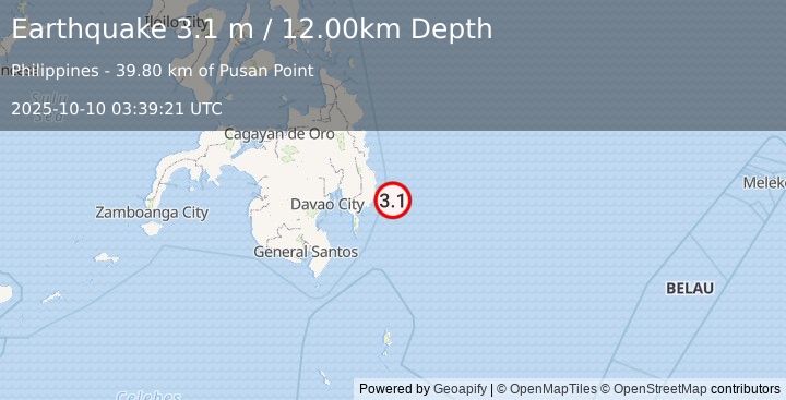 Earthquake MINDANAO, PHILIPPINES (3.1 m) (2025-10-10 03:39:21 UTC)