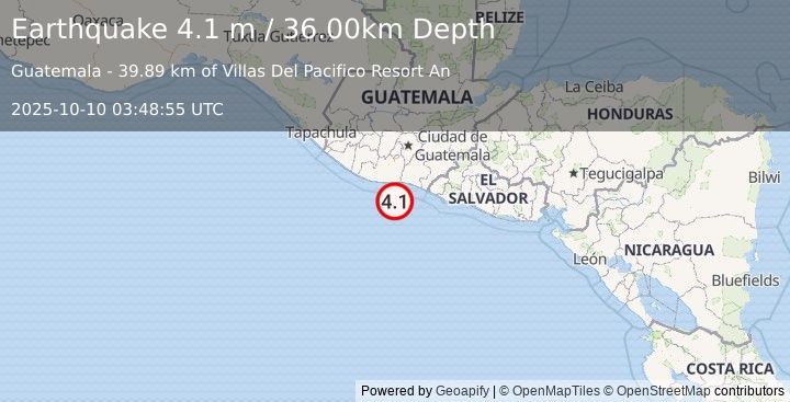Earthquake OFFSHORE GUATEMALA (4.1 m) (2025-10-10 03:48:55 UTC)