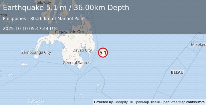 Earthquake MINDANAO, PHILIPPINES (5.3 mb) (2025-10-10 05:47:45 UTC)