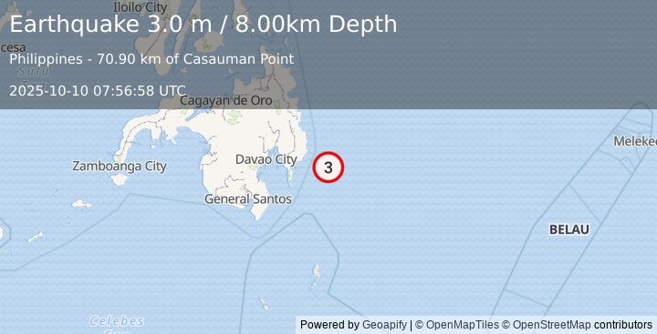 Earthquake PHILIPPINE ISLANDS REGION (3.0 m) (2025-10-10 07:56:58 UTC)
