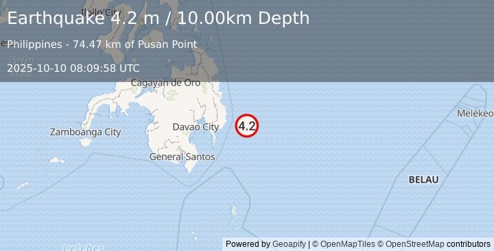 Earthquake PHILIPPINE ISLANDS REGION (4.2 m) (2025-10-10 08:09:58 UTC)
