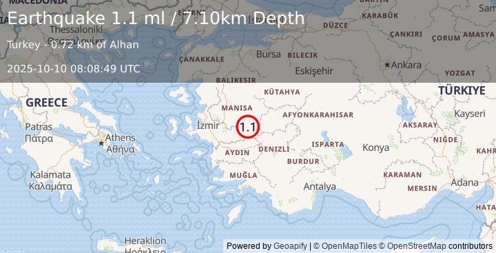 Earthquake WESTERN TURKEY (1.1 ml) (2025-10-10 08:08:49 UTC)