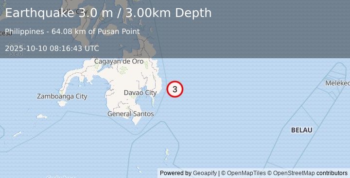 Earthquake PHILIPPINE ISLANDS REGION (3.0 m) (2025-10-10 08:16:43 UTC)