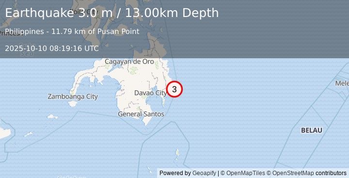 Earthquake MINDANAO, PHILIPPINES (3.0 m) (2025-10-10 08:19:16 UTC)
