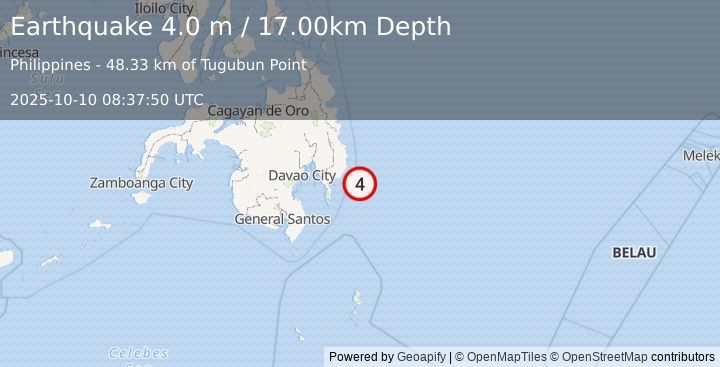 Earthquake MINDANAO, PHILIPPINES (4.0 m) (2025-10-10 08:37:50 UTC)
