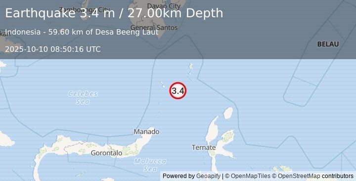 Earthquake KEPULAUAN TALAUD, INDONESIA (3.4 m) (2025-10-10 08:50:16 UTC)