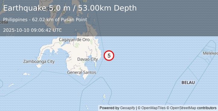 Earthquake PHILIPPINE ISLANDS REGION (5.0 m) (2025-10-10 09:06:42 UTC)