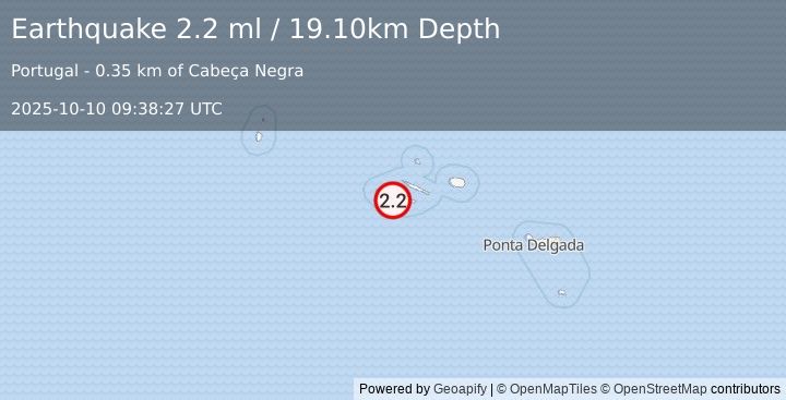 Earthquake AZORES ISLANDS, PORTUGAL (2.2 ml) (2025-10-10 09:38:27 UTC)