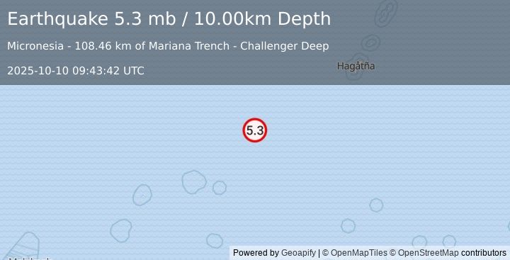 Earthquake STATE OF YAP, MICRONESIA (5.6 mb) (2025-10-10 09:43:40 UTC)