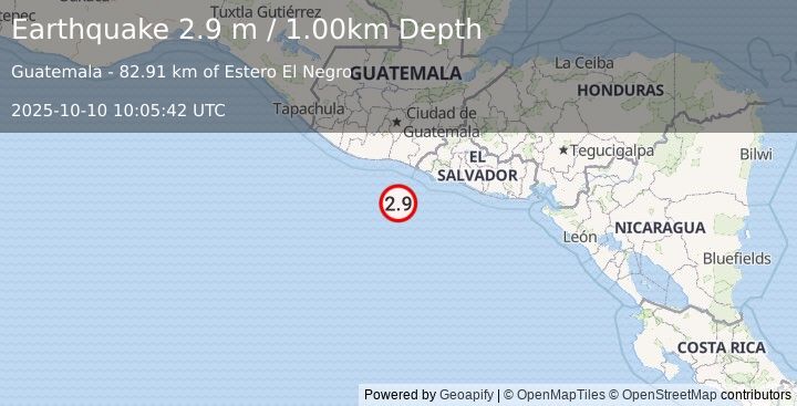 Earthquake OFFSHORE EL SALVADOR (2.9 m) (2025-10-10 10:05:42 UTC)