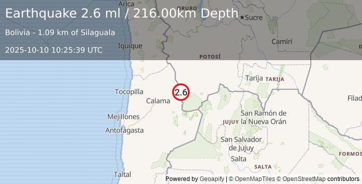 Earthquake POTOSI, BOLIVIA (2.6 ml) (2025-10-10 10:25:39 UTC)
