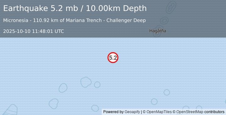 Earthquake STATE OF YAP, MICRONESIA (5.2 mb) (2025-10-10 11:48:02 UTC)