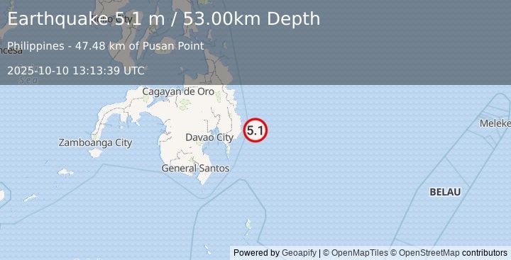 Earthquake PHILIPPINE ISLANDS REGION (5.0 mb) (2025-10-10 13:13:40 UTC)
