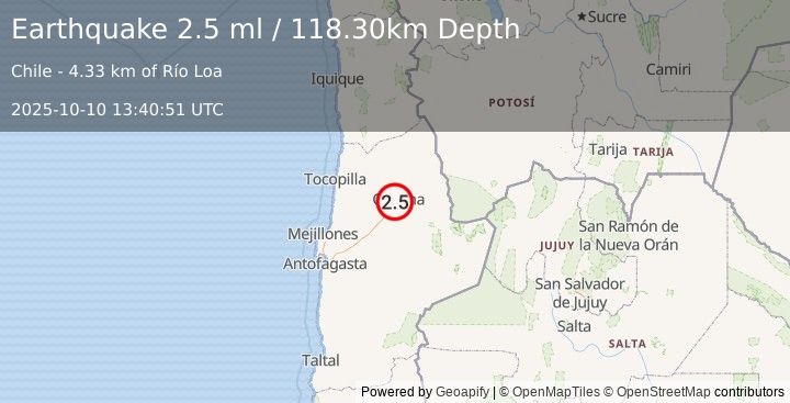 Earthquake ANTOFAGASTA, CHILE (2.5 ml) (2025-10-10 13:40:51 UTC)