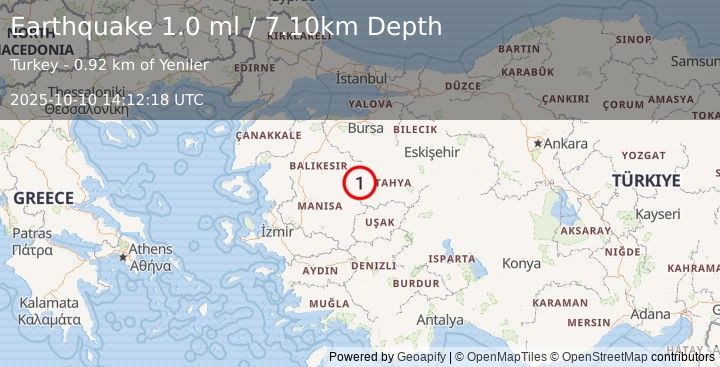 Earthquake WESTERN TURKEY (1.0 ml) (2025-10-10 14:12:18 UTC)