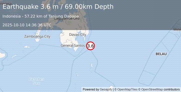 Earthquake MINDANAO, PHILIPPINES (3.6 m) (2025-10-10 14:36:36 UTC)