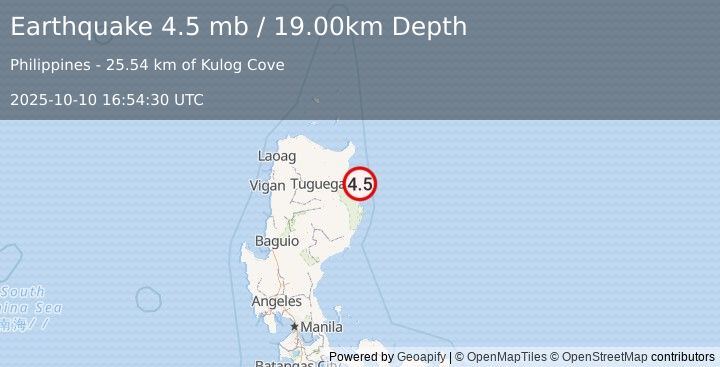 Earthquake LUZON, PHILIPPINES (4.5 mb) (2025-10-10 16:54:30 UTC)