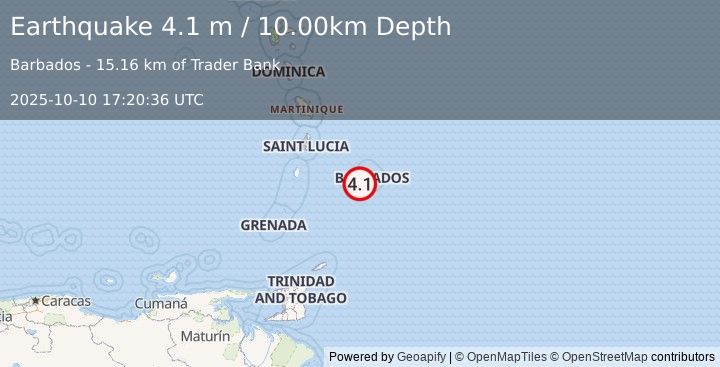 Earthquake BARBADOS REGION, WINDWARD ISL. (4.1 m) (2025-10-10 17:20:36 UTC)