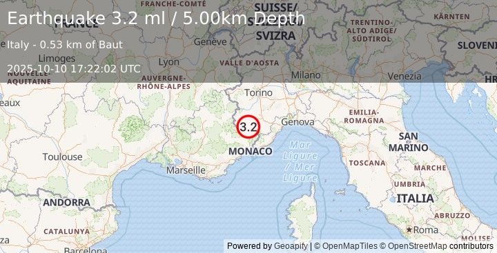 Earthquake NORTHERN ITALY (3.1 ml) (2025-10-10 17:22:01 UTC)