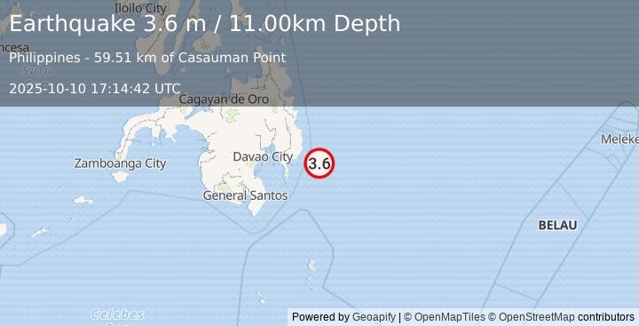 Earthquake PHILIPPINE ISLANDS REGION (3.6 m) (2025-10-10 17:14:42 UTC)