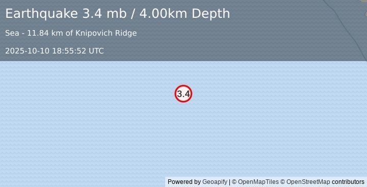 Earthquake SVALBARD REGION (3.4 mb) (2025-10-10 18:55:52 UTC)