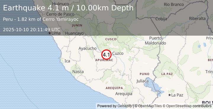 Earthquake CENTRAL PERU (4.1 m) (2025-10-10 20:11:49 UTC)