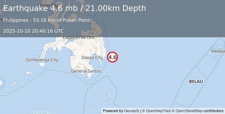 Earthquake PHILIPPINE ISLANDS REGION (4.9 mb) (2025-10-10 20:40:15 UTC)