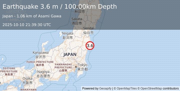 Earthquake NEAR EAST COAST OF HONSHU, JAPAN (3.6 m) (2025-10-10 21:39:30 UTC)